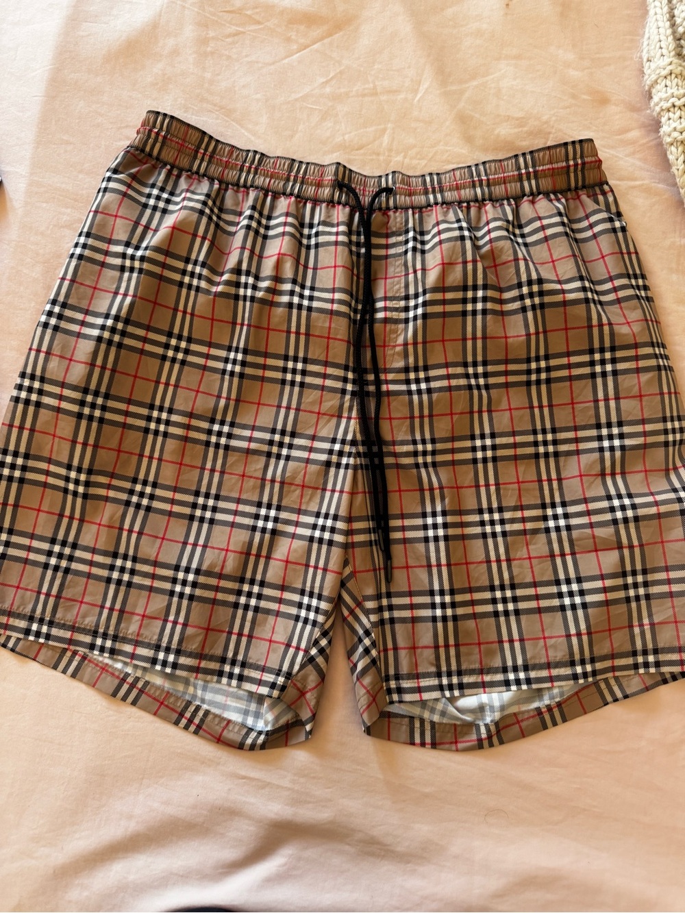 Burberry Beige Plaid Drawstring water Shorts with Black & Red Trim